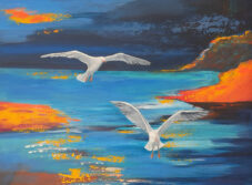 2 mouettes au coucher du soleil, MEGLINE, acrylique, 80x60 cm (c) MEGLINE